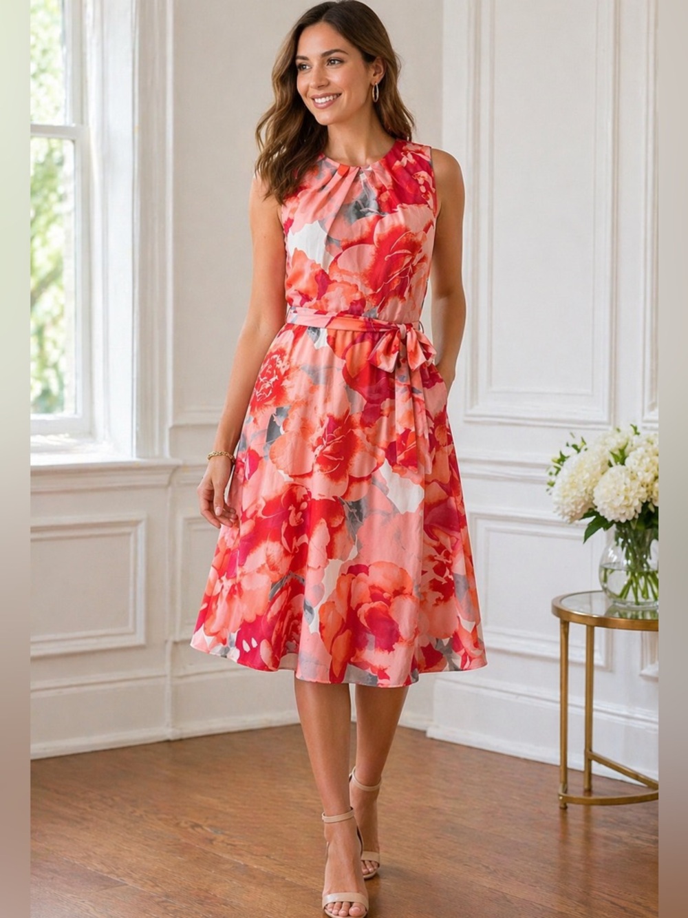 Eliza J Floral Sleeveless Fit & Flare Midi Dress Pink Coral Belted Size 8